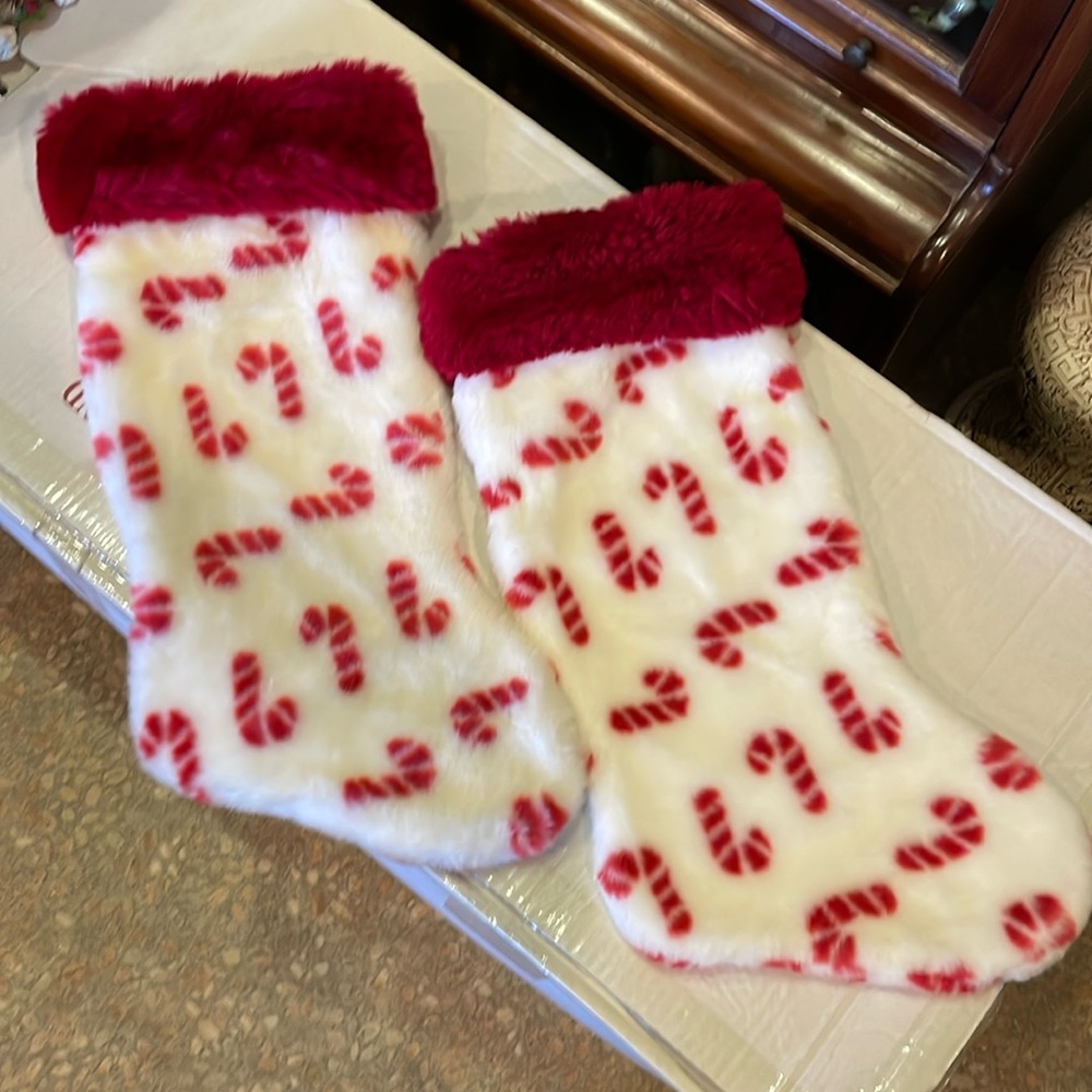 2 VTG Super Plush Candy Cane Christmas Stockings